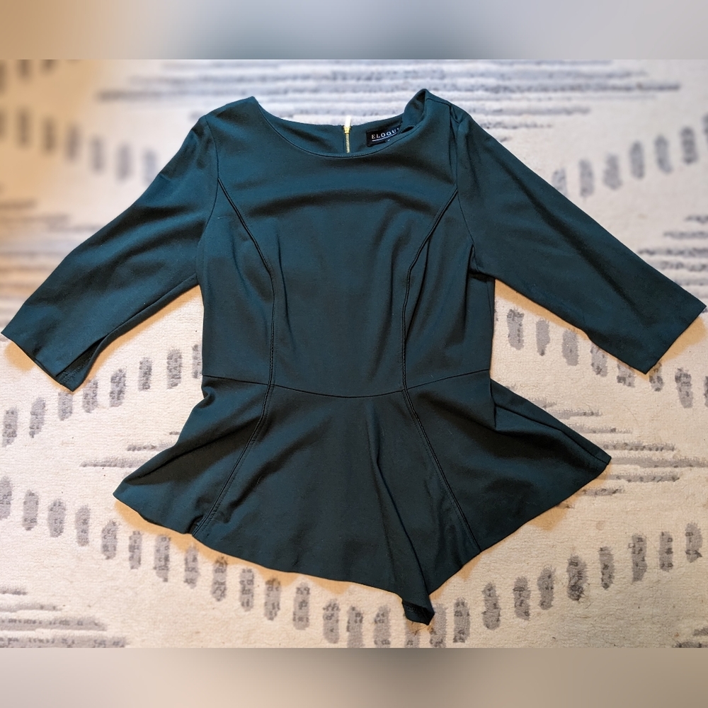 Emerald Green Assymetrical Peplum Top - back zip blouse - Size 14